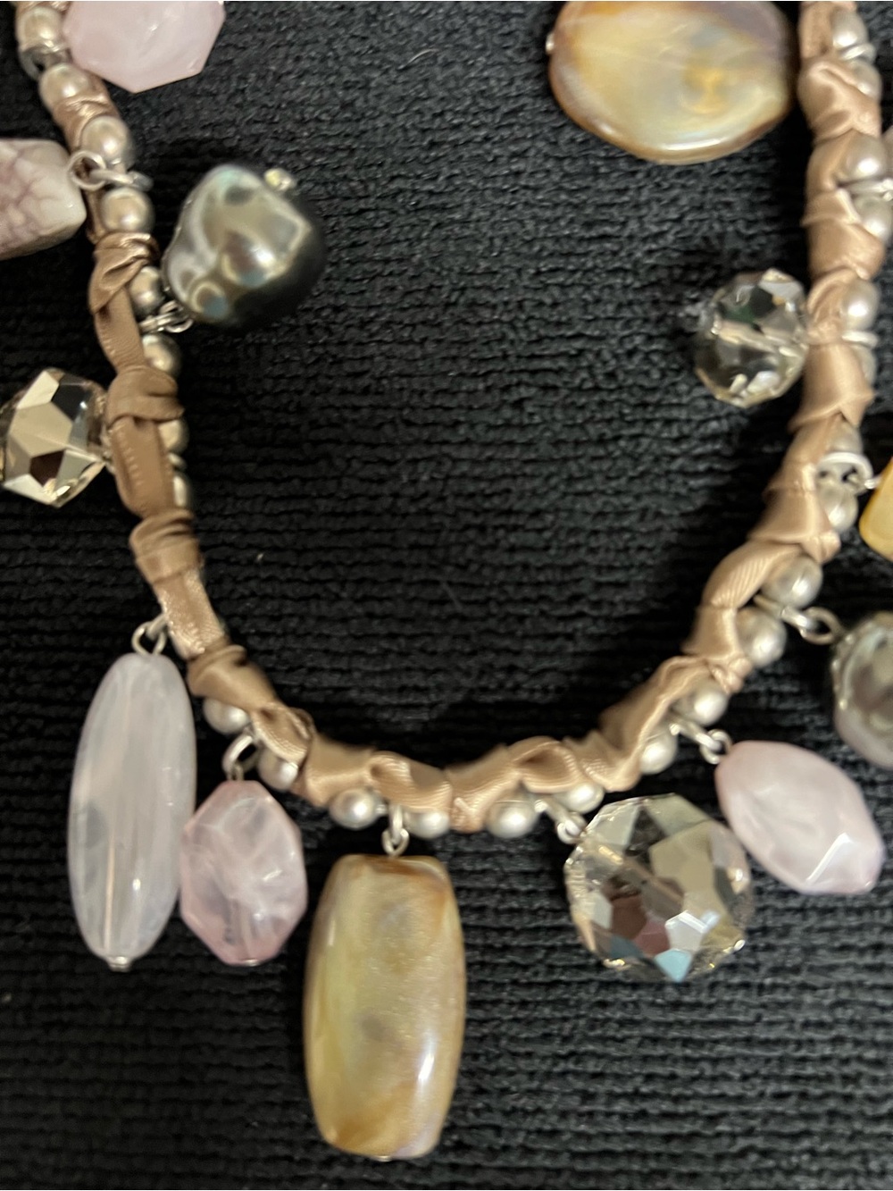 Braided Ribbon Necklace with Pink and Taupe Beads